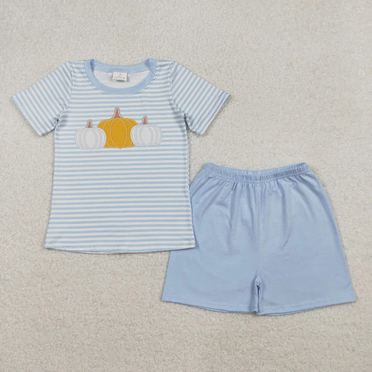 Baby Boys Blue Stripes Pumpkins Top Shorts Fall Clothes Set