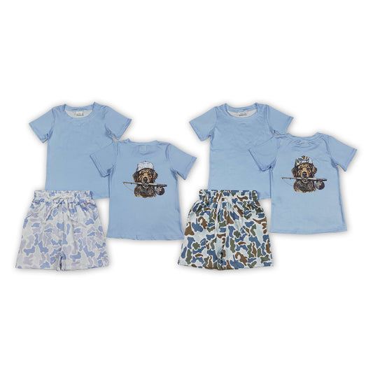 Sibling Baby Boys Hunting Dog Blue Short Sleeve Top with Camo Shorts Outfit