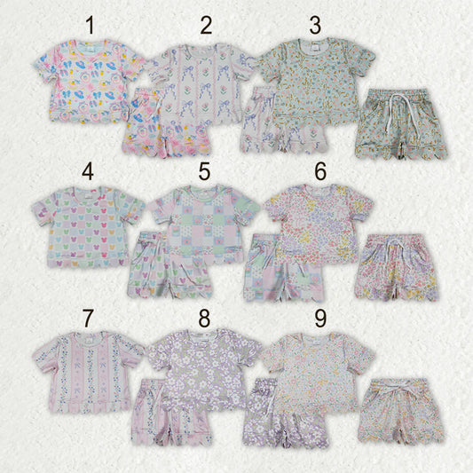 Sibling Baby Girls Colorful Flowers Top Pockets Shorts Scallop Clothes Sets