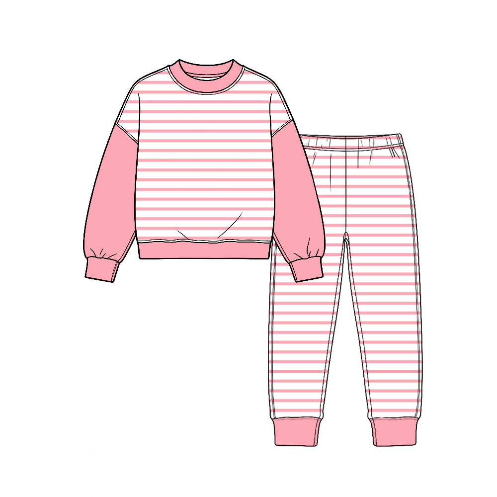 (Custom Design Preorder MOQ 5 Each) Stripes Print Girls Pajamas Clothes Set Sisters Wear