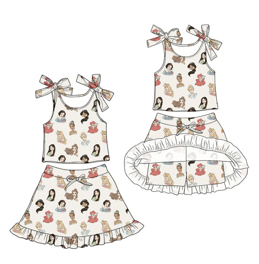 (Custom Design Preorder MOQ 5) Cartoon Princess Strap Top Skirts Shorts Girls Summer Set