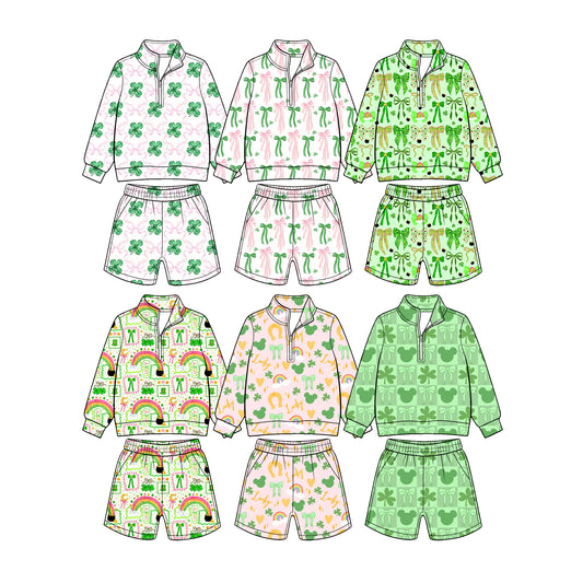 (Custom Design Preorder MOQ 5 Each) Rainbow Bows Print Long Sleeve Zipper Top Shorts Girls St Patrick Day Clothes Set Sisters Wear