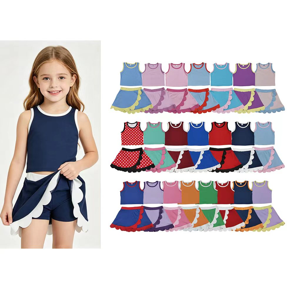 27 Solid Colors Tank Top Scallop Edge Skort Baby Girls Active Clothes Set Sisters Yoga Outfits