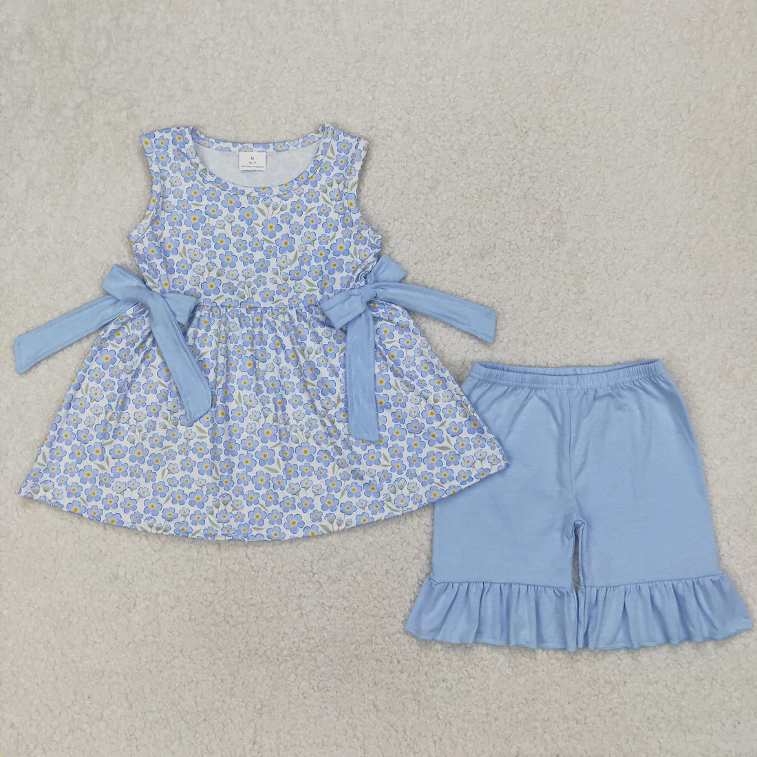 Sibling Baby Girls Blue Flowers Bows Tunic Ruffle Shorts Clothes Sets Rompers
