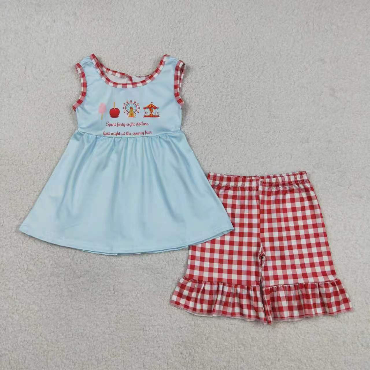 County Fair Blue Top Red Plaid Shorts Kids Summer Clothes Sibling Matching Styles