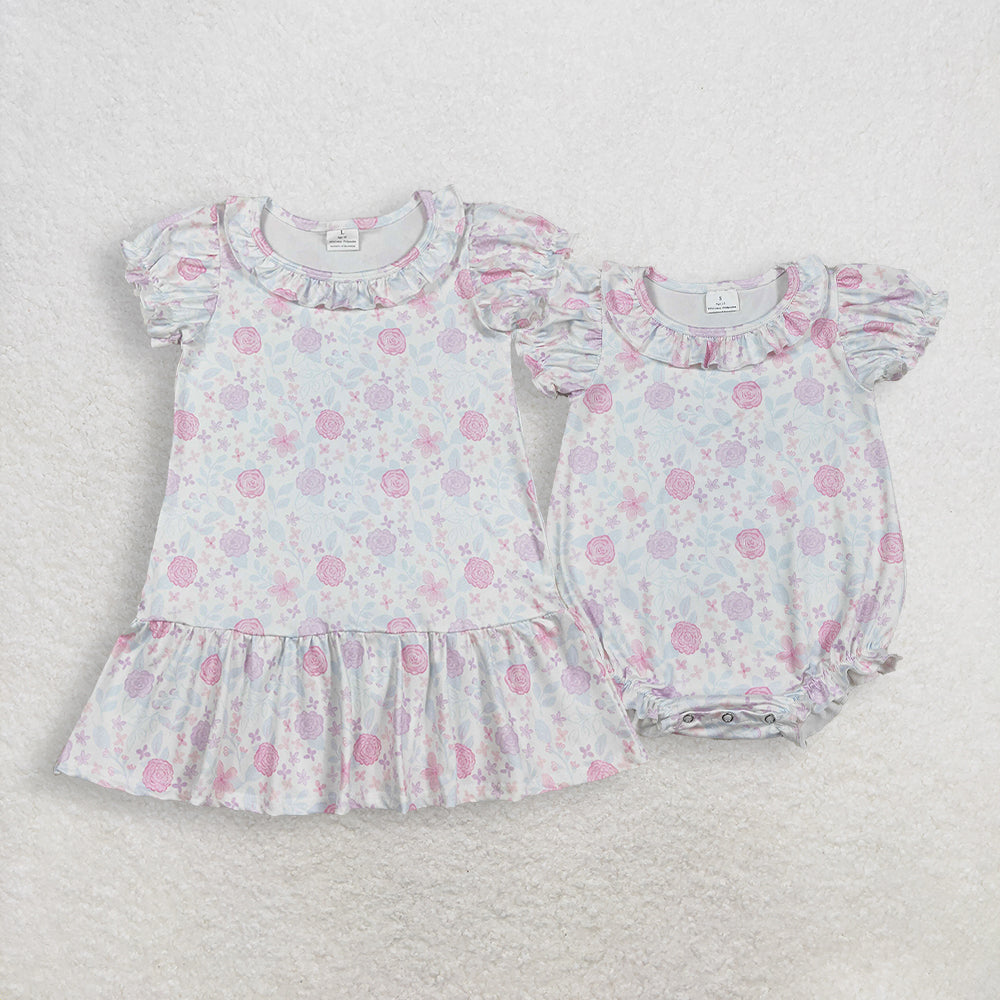 Sibling Baby Girls Short Ruffle Sleeve Colorful Flowers Knee Length Dress Rompers