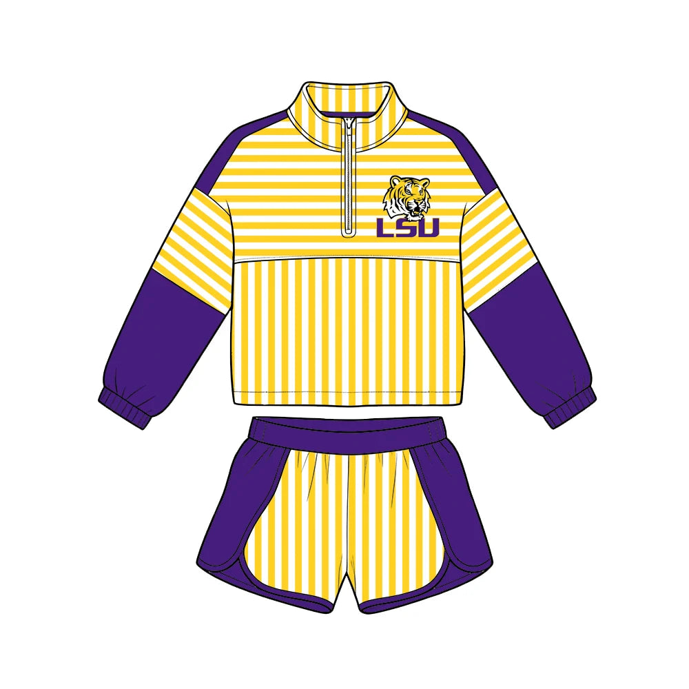 (Custom Design Preorder MOQ 5) Baby Girls Yellow Stripe Louisiana Zip Pullovers Short Team Clothes Set