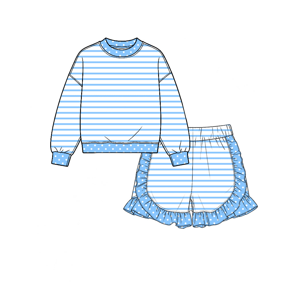 (Custom Design Preorder MOQ 5 Each) Stripes Long Sleeve Top Ruffle Shorts Girls Clothes Set Sisters Wear