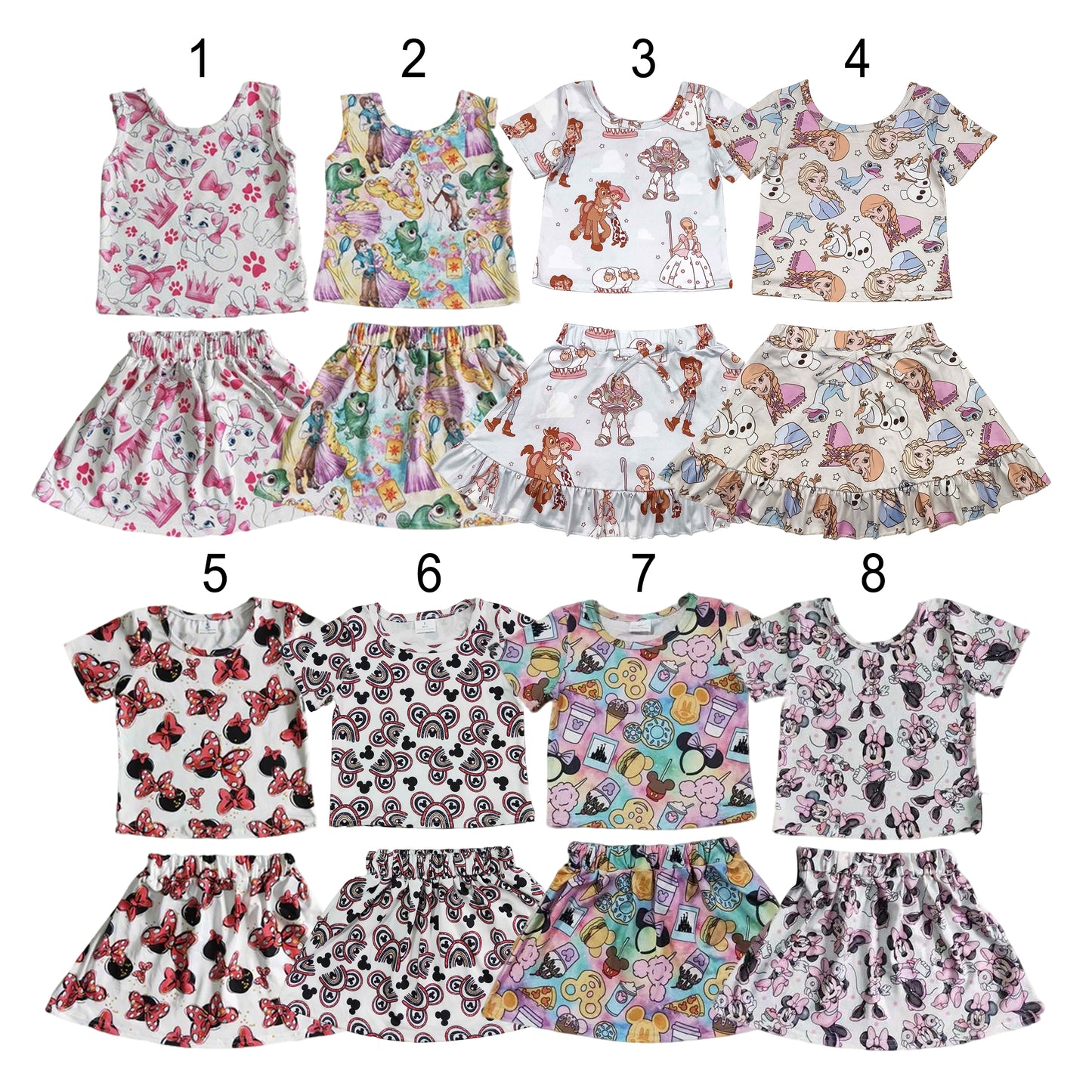 Sibling Baby Girls Cartoon Short Sleeve Top with Skirt Outfit