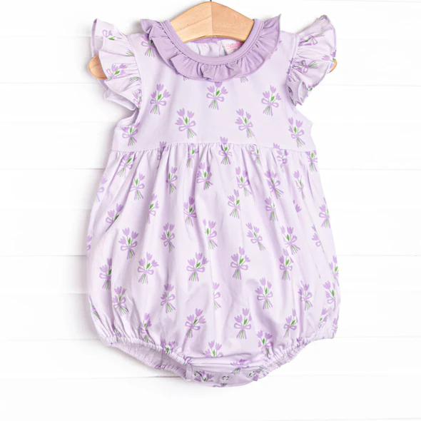 (Custom Design Preorder MOQ 5 ) Purple Small Flowers Bows Print Baby Girls Summer Romper