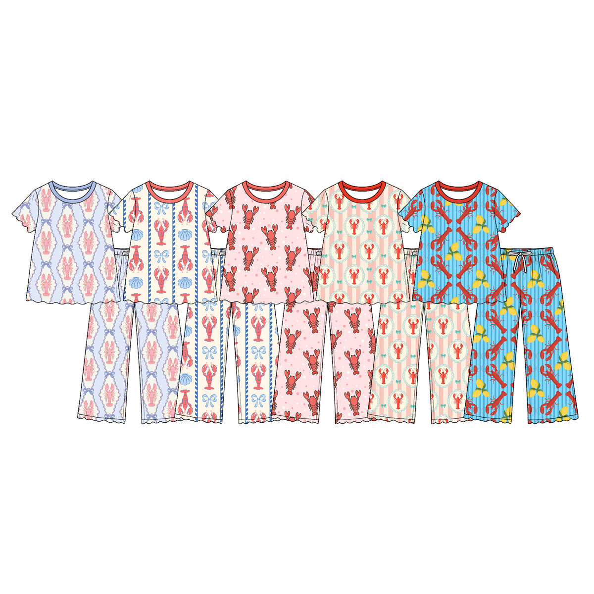 (Custom Design Preorder MOQ 5 Each)Crayfish Bows Print Short Sleeve Top Pants Girls Ruffle Clothes Set Sisters Wear