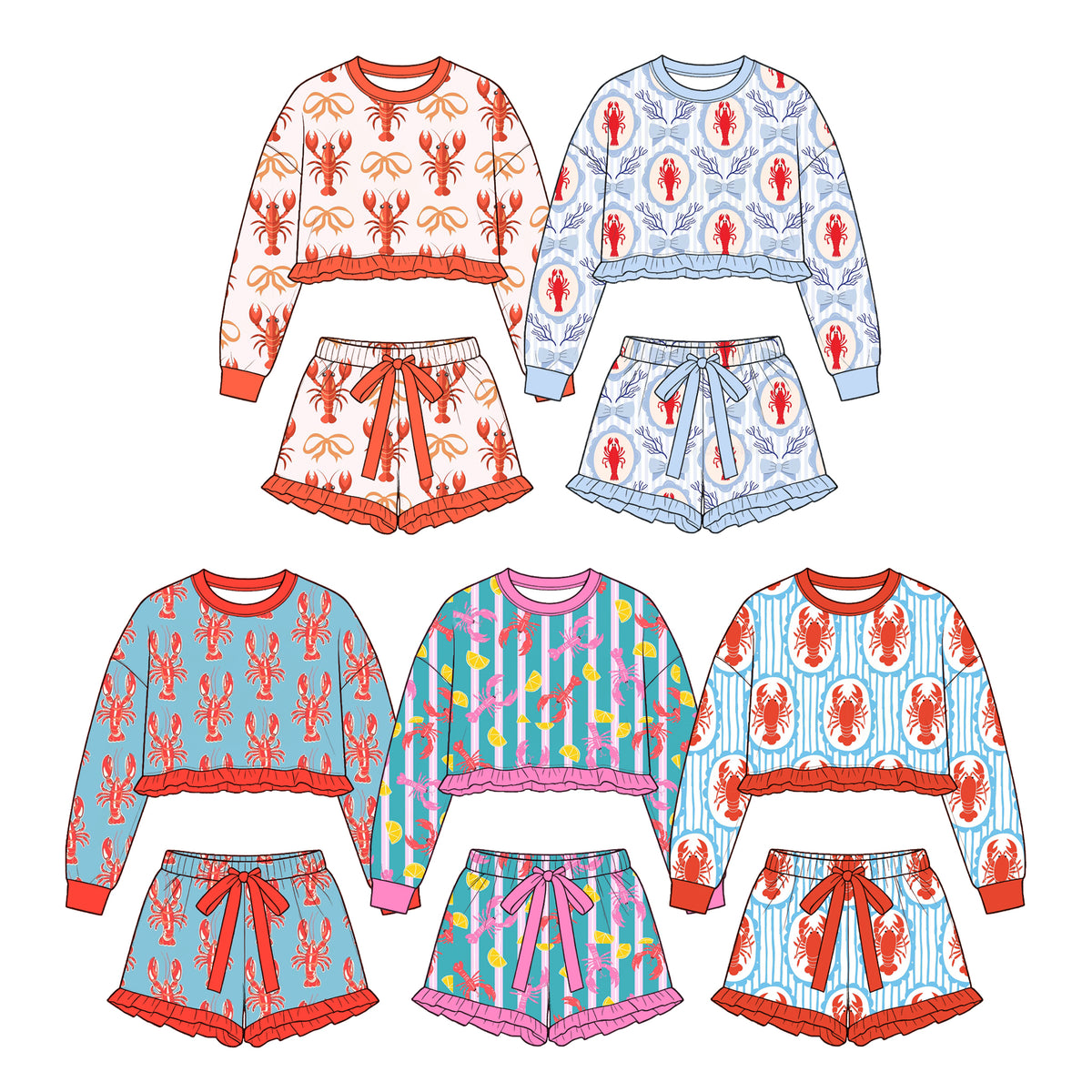 (Custom Design Preorder MOQ 5 Each)Crayfish Bows Print Long Sleeve Top Shorts Girls Clothes Set Sisters Wear