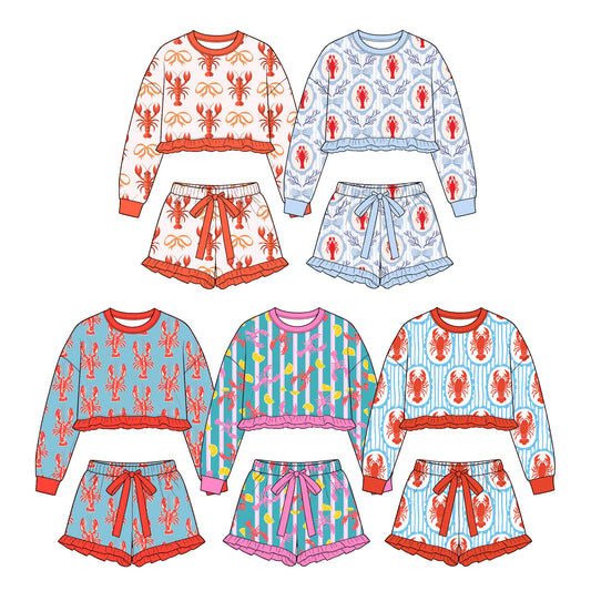 (Custom Design Preorder MOQ 5 Each)Crayfish Bows Print Long Sleeve Top Shorts Girls Clothes Set Sisters Wear
