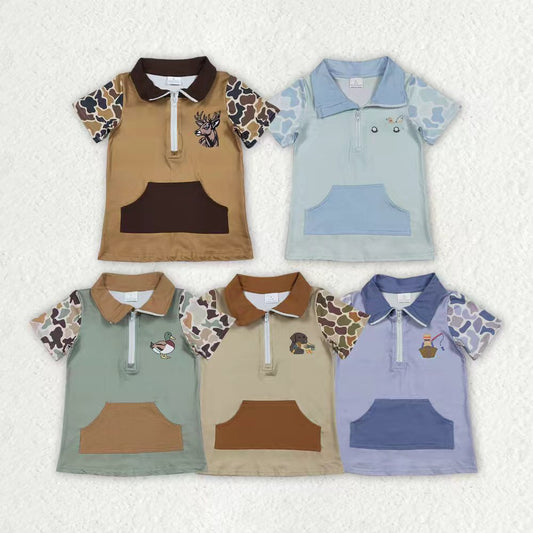 Sibling Baby Boys Short Sleeve Southern Camo Zipper Pockets Deer Dogs Hunting Pullovers Top