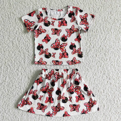 Sibling Baby Girls Cartoon Short Sleeve Top with Skirt Outfit