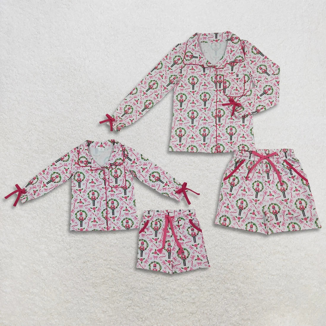 Mommy and Me Holly Soldiers Bows Button Pocket Long Sleeves Short Pajamas Sets