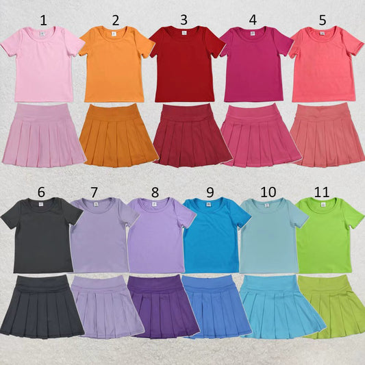 11 Colors Kids Girls Solid Color Short Sleeve Top with Skort Active Outfit