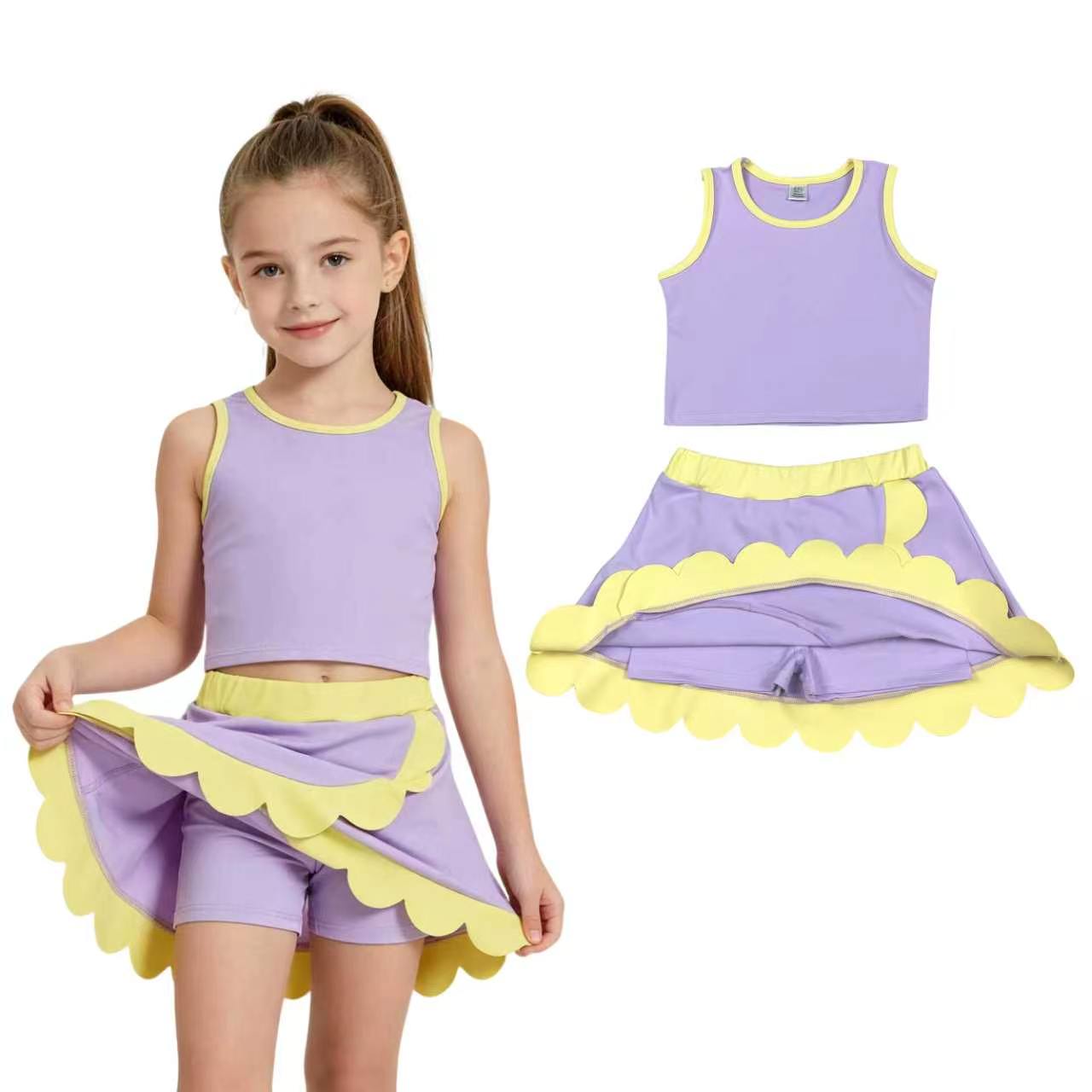 GSD4011 Lavender & Yellow Edge Tank Top Skort Baby Girls Scallop Active Clothes Set