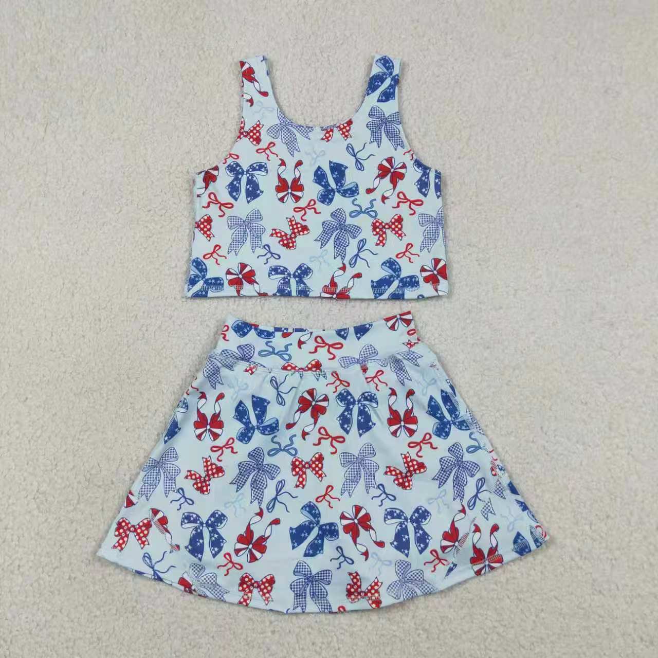 Toddler Girls Sibling July 4th Bow Sleeveless Crop Top & Skort Set Summer Activewear