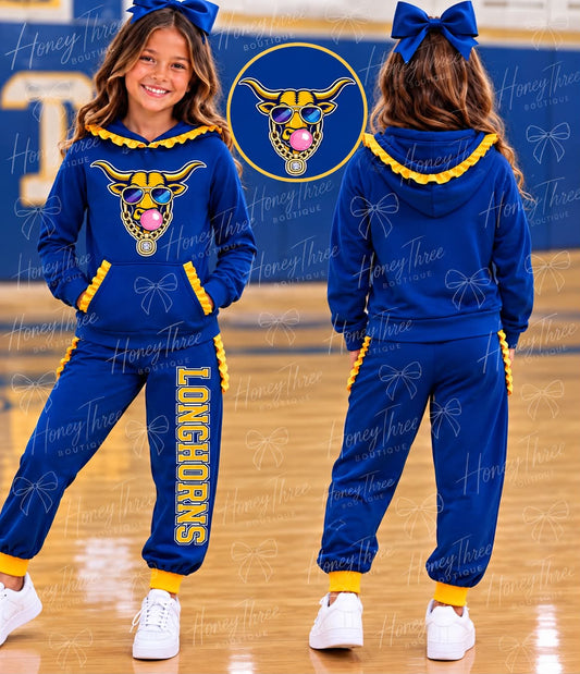 (Custom Design Preorder MOQ 5) Teams LONGHORNS Print Blue With Yellow Ruffles Hoodie Top Pockets Joggers Pants Girls Yoga Clothes Set