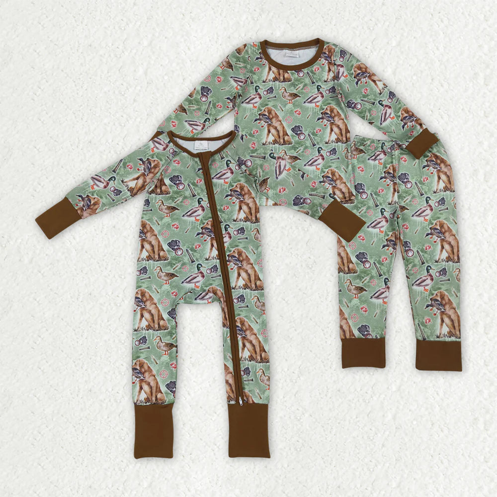 Sibling Baby Boys Green Dogs Ducks Hunting Rompers Pajamas Sets