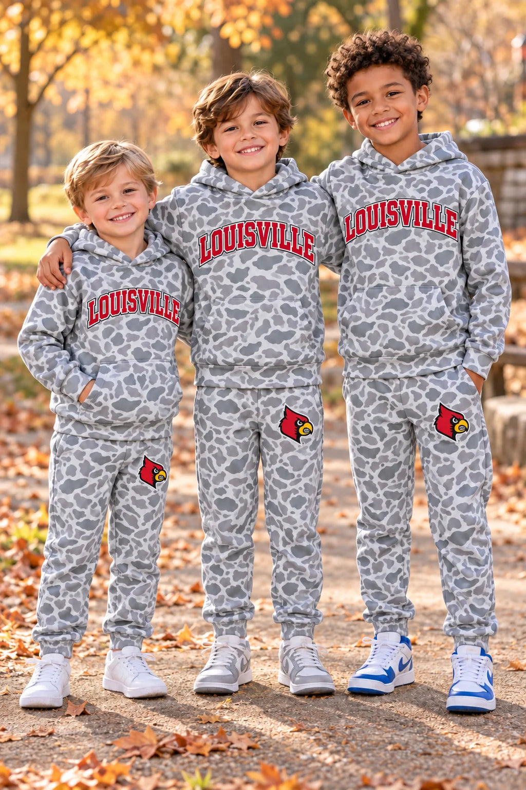 (Custom Design Preorder MOQ 5 Each) Baby Boys Sport Team Louisville Bird Camo Hoodie Top Jogger Pants Outfit