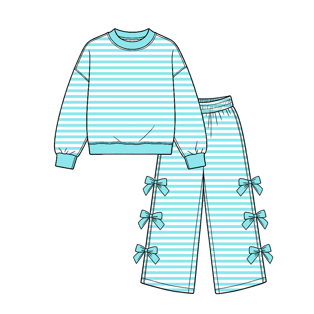 (Custom Design Preorder MOQ 5 Each) Stripes Print Long Sleeve Top Wide Leg Pants with Side Bows Girls Clothes Set Sisters Wear