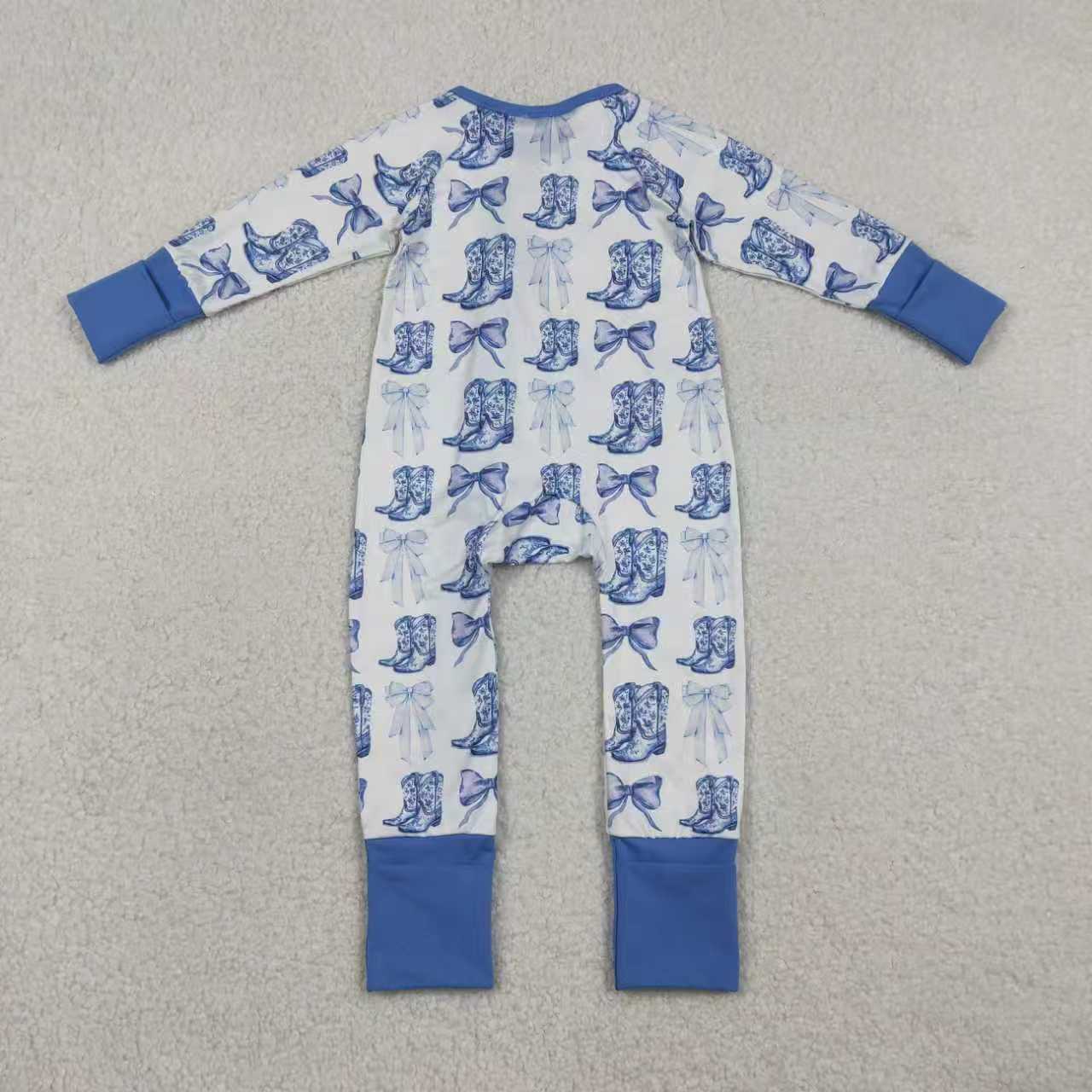 Sibling Baby Girls Blue Bows Pants Top Pants Western Pajamas Set Zipper Rompers
