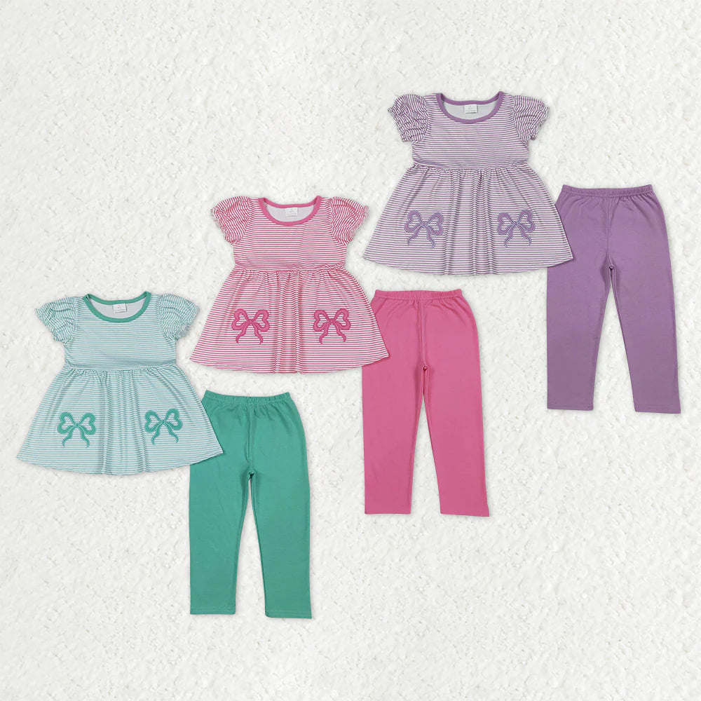 Sibling Baby Girls Embroidery Bows Stripe Tunic Legging Pants Clothes Sets