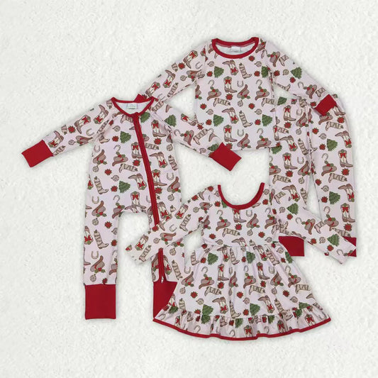 Sibling Baby Girls Boots Holly Trees Christmas Knee Length Dress Zipper Rompers Pajamas Sets