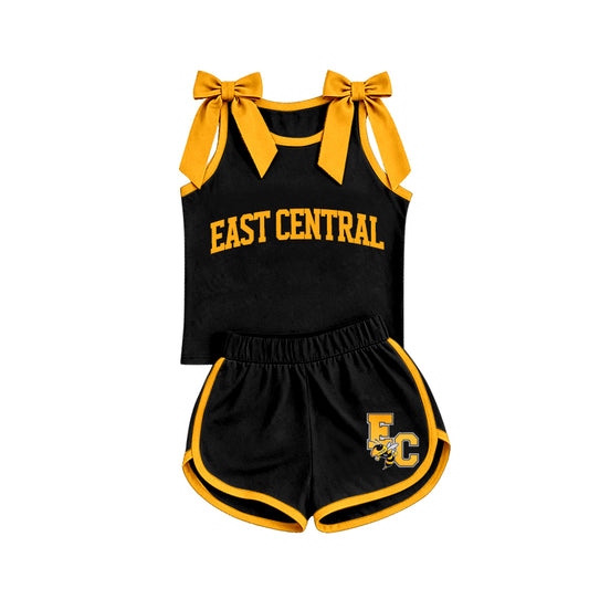 (Custom Design Preorder MOQ 5) Girls  Bow Strap East Central  Black Tank  & Shorts Sport Team Outfit