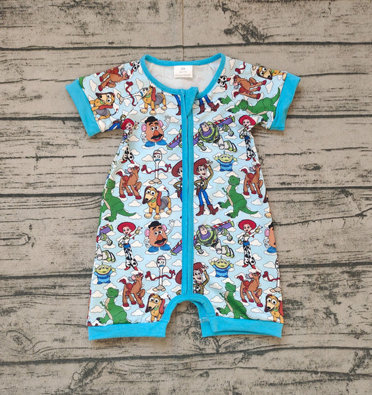 (Custom Design Preorder MOQ 5 ) Cartoon Toy Print Baby Boys Summer Zipper Sleeper Romper