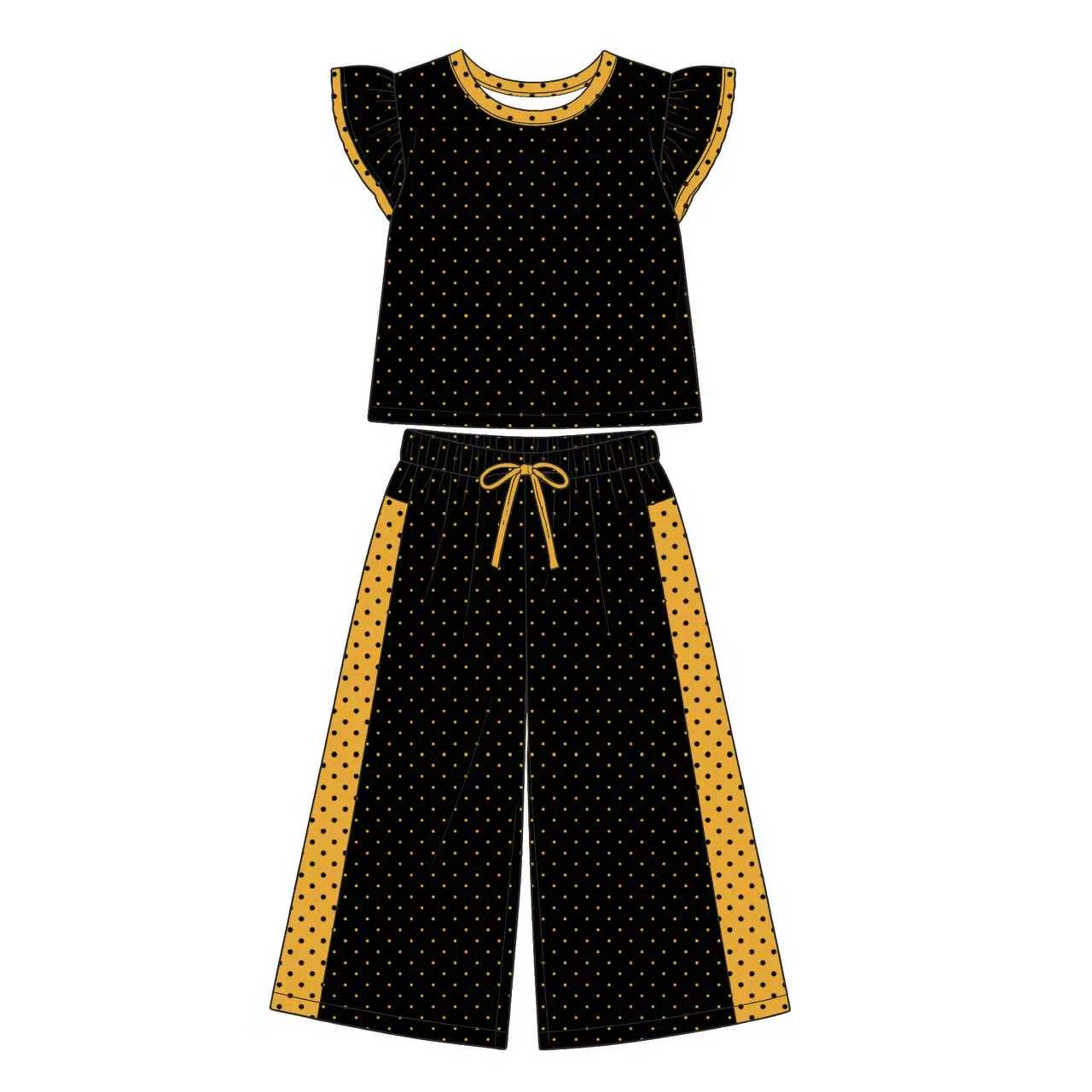 (Custom Design Preorder MOQ 5) Teams Black Gold Top Dots Straight Pants Girls Clothes Set