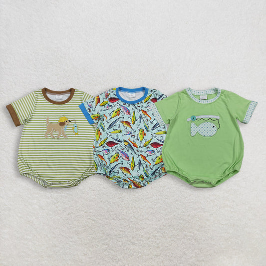 Sibling Baby Boys Short Sleeve Embroidery Print Fishing Hunting Rompers