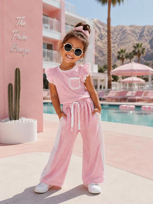 GSPO2330 Pink Dots Flutter Sleeve Top Straight Pockets Pants Girls Clothes Set