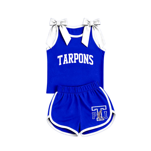 (Custom Design Preorder MOQ 5) Girls  Bow Strap  Tarpons Blue Tank  & Shorts Sport Team Outfit