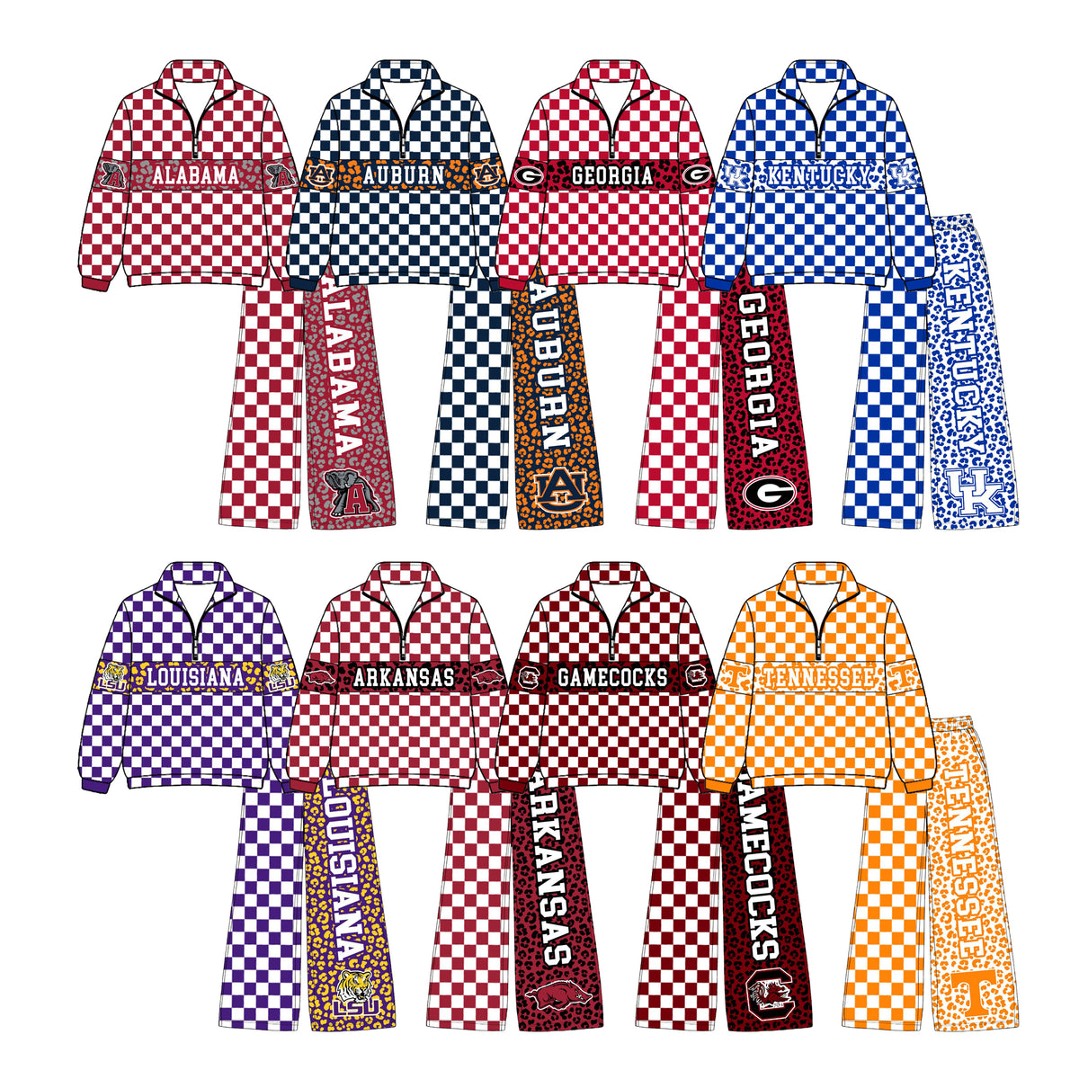 (Custom Design Preorder MOQ 5 Each)Teams Leopard Checkered Print Long Sleeve Zipper Top Split Pants Girls Clothes Set Sisters Wear