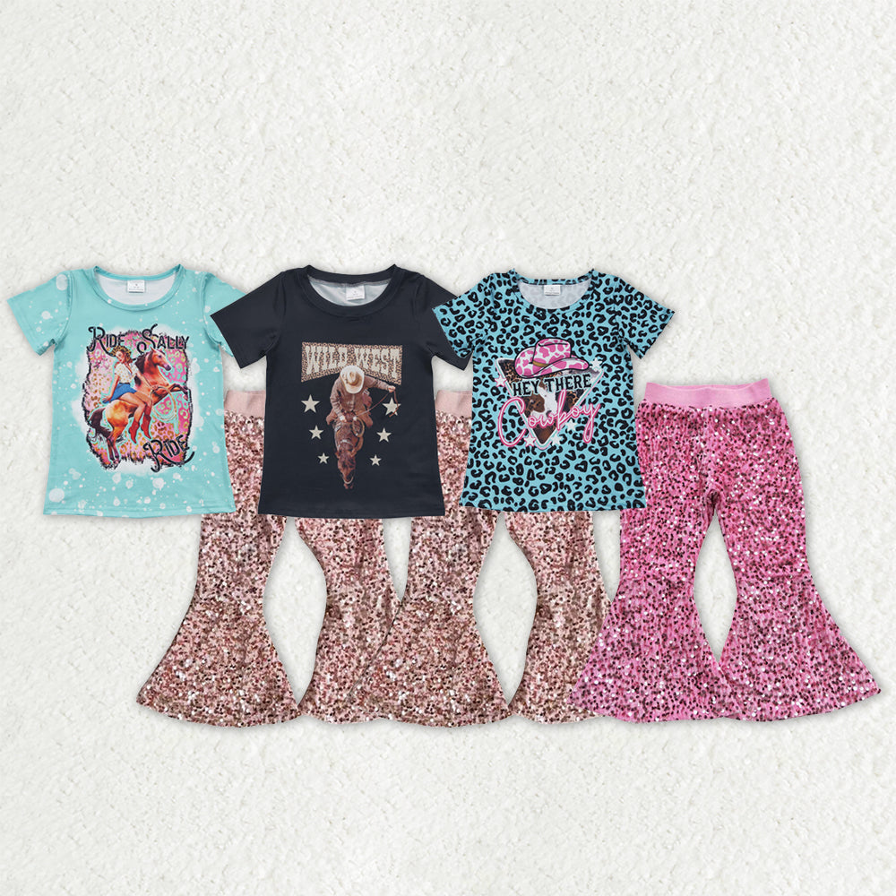 Sibling Baby Girls Horse Rodeos Tunic Sequin Bell Bottom Pant Western Clothes Set