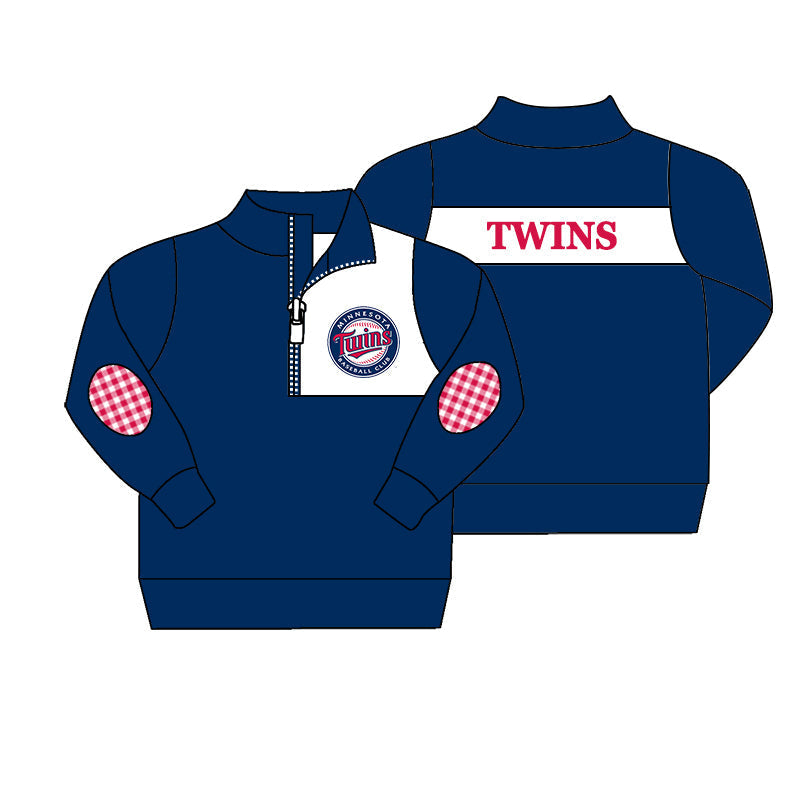 Preorder (moq 5)Baby Boys Blue Long Sleeve Twins Team Zip Pullovers Top