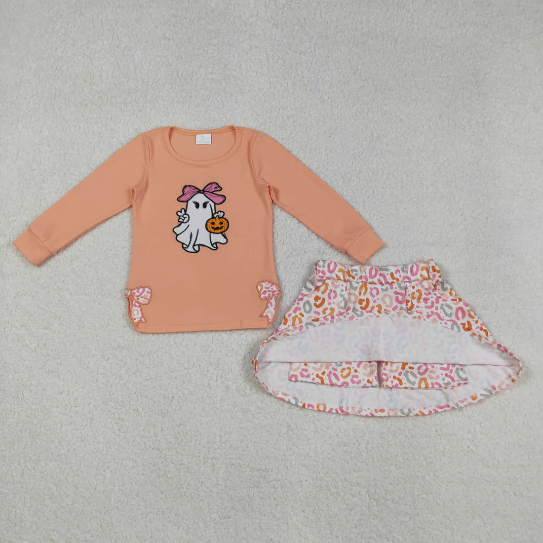 SSibling Embroidery Bows Ghosts Pumpkins Baby Girls Shirts Top Flowers Leopard Skorts Fall Clothes Sets