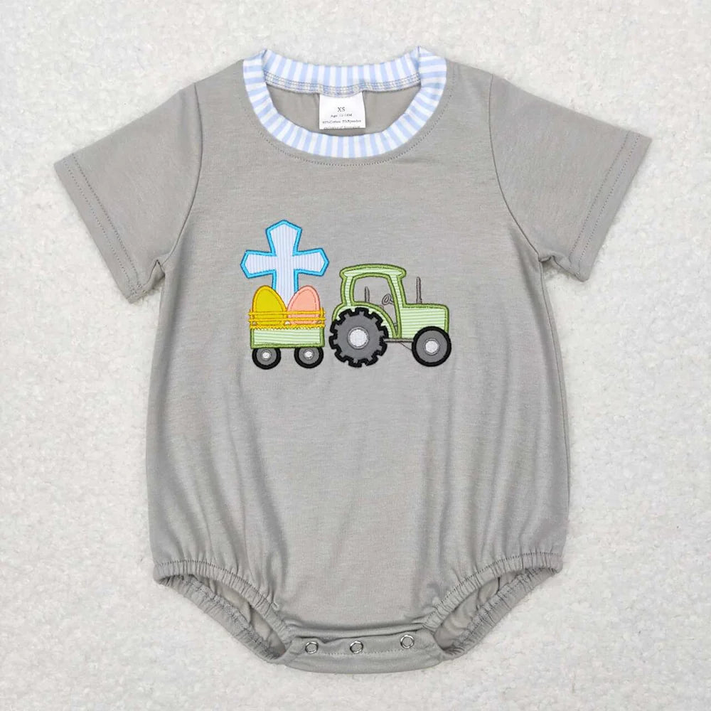 Sibling Baby Girls Boys Easter Egg Tractor Heart  Short Sleeve Top Pants Outfit Romper