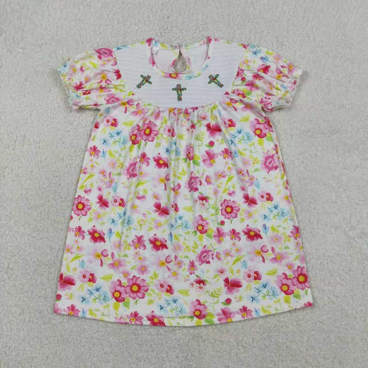 Sibling Baby Girls Floral Cross Smocked Dress