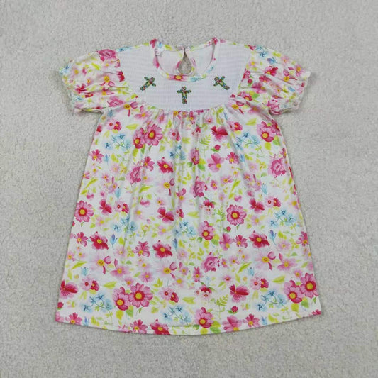 Sibling Baby Girls Floral Cross Smocked Dress