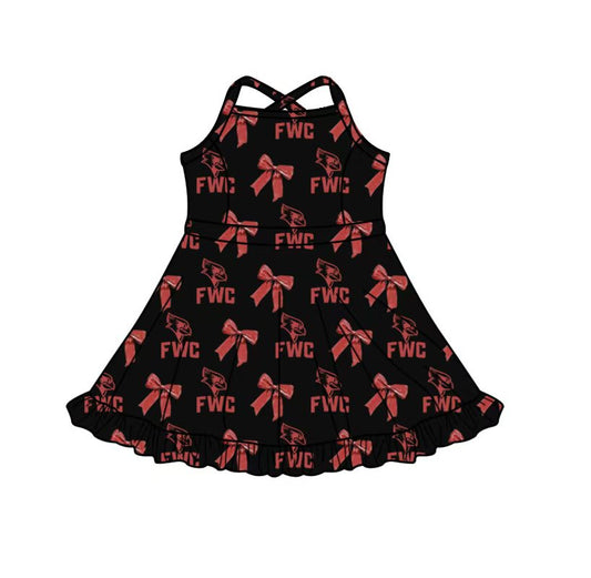 (Custom  Preorder MOQ 5) Teams FWC Eagle Black Print Girls Strap Ruffle Knee Length Yoga Dress
