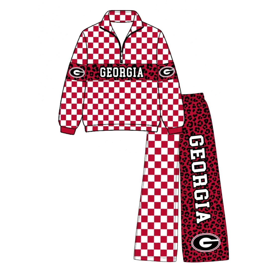 (Custom Design Preorder MOQ 5) Baby Boys Red Checked Leopard Georgia Zip Pullover Pockets Pants Team Clothes Sets