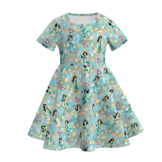 (Custom Design Preorder MOQ 5) Cartoon Princess Lamp Girls Short Sleeve Dress