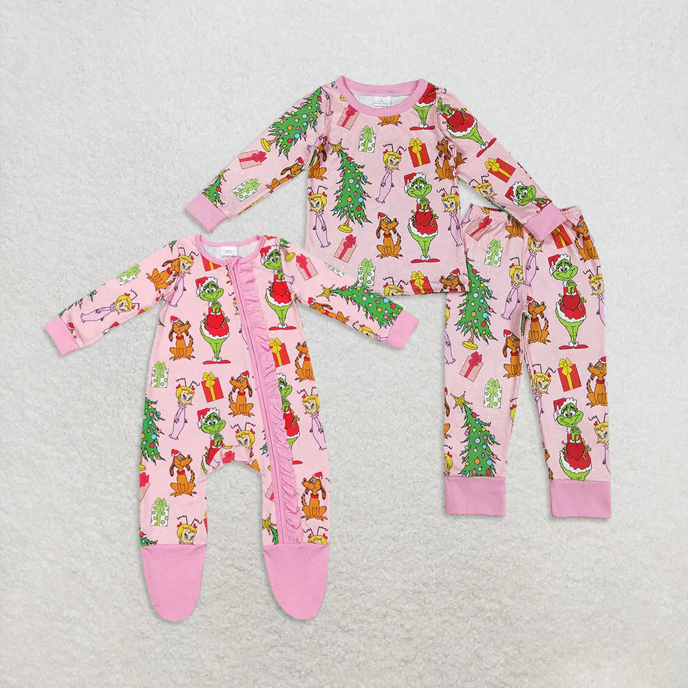 Sibling Baby Girls Green Face Miss Christmas Pajamas Set Zipper Footed Romper