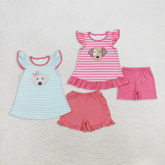 Sibling Baby Girls Stripes Bows Dog Tunic Top Ruffle Shorts Clothes Sets）