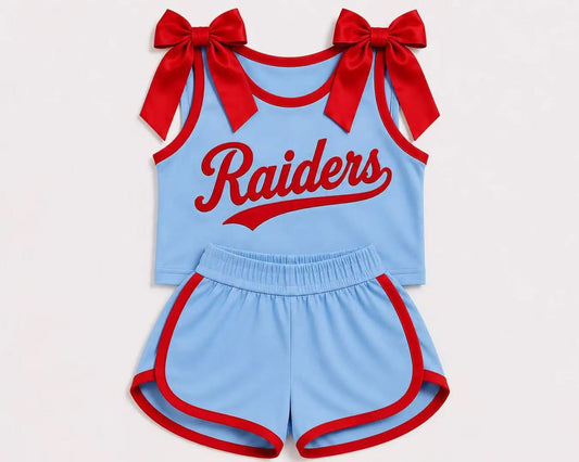 (Custom Design Preorder MOQ 5) Girls  Bow Strap Raiders Tank  & Shorts Sport Team Outfit