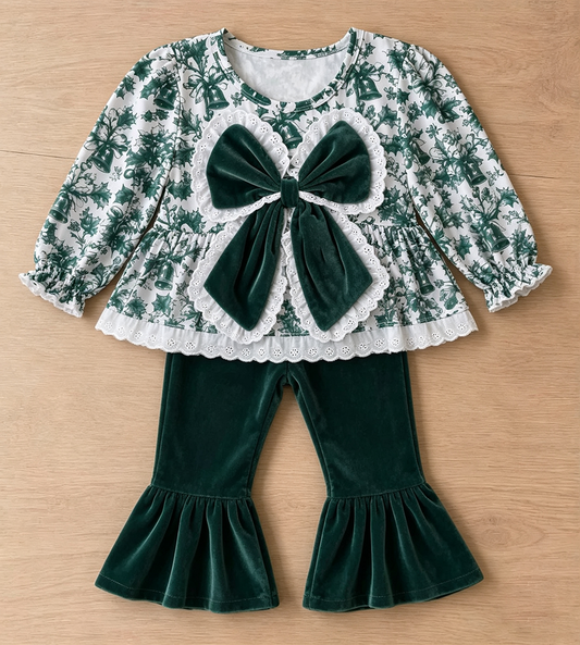 (Custom Design Preorder MOQ 5) Holly Green Print Velvet Big Bow Top Bell Pants Girls Christmas Clothes Set
